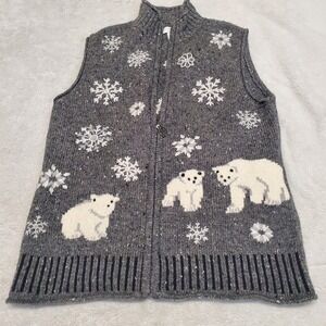 Gray Wool White Bear Embroidered Snowflake Sleeveless Zip Vest Petite Small